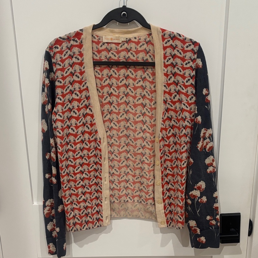 Tory Burch Red and Cream Floral Cardigan